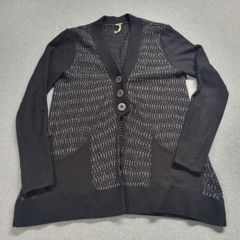 Free People Black Metallic Silver Knit Cardigan Angora Wool Blend Size Small
